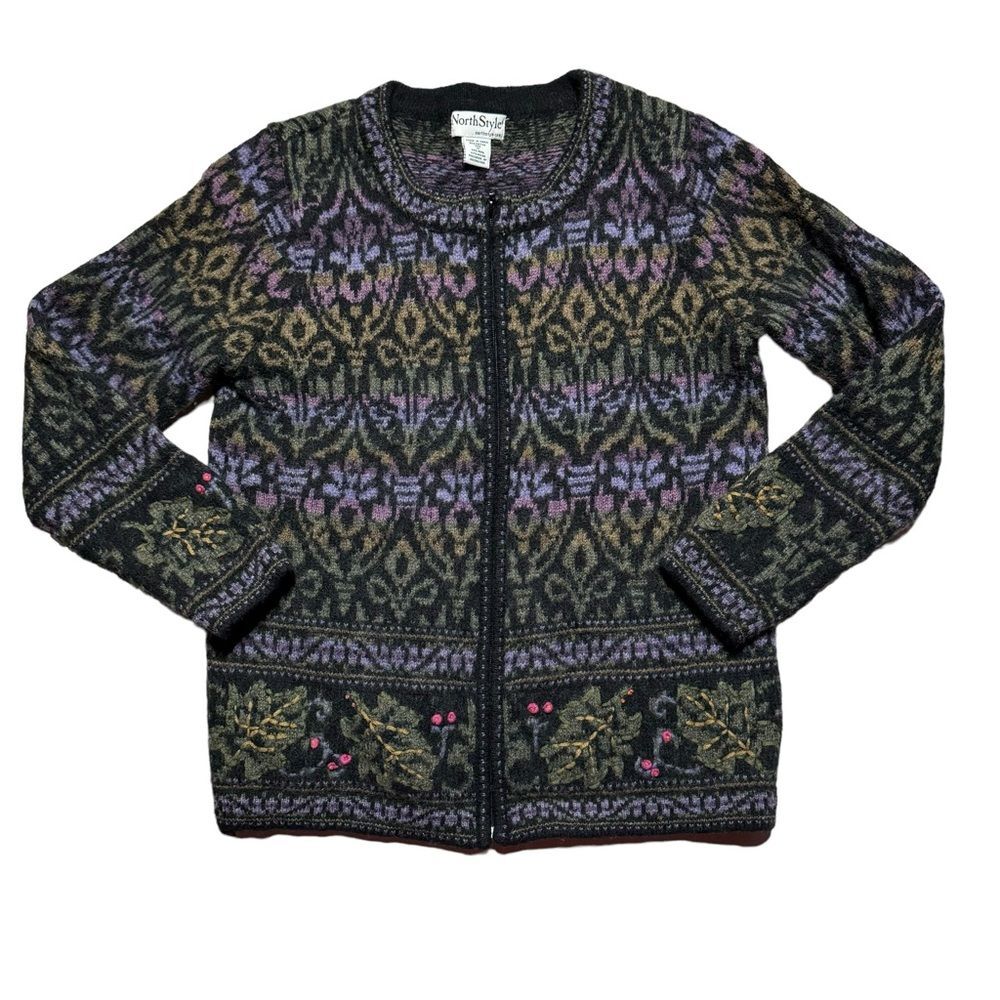 NorthStyle Women's Black Purple Green Wool Blend Zipper Nordic Cardigan Size M